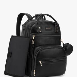Vegan leather diaper bag backpack w/changing pad, stroller straps, pacifier case